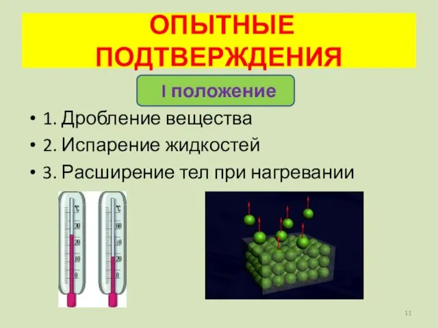 ОПЫТНЫЕ ПОДТВЕРЖДЕНИЯ I положение 1. Дробление вещества 2. Испарение жидкостей 3. Расширение тел при нагревании