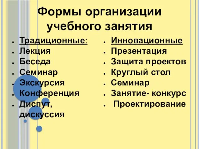 Формы организации учебного занятия Традиционные: Лекция Беседа Семинар Экскурсия Конференция