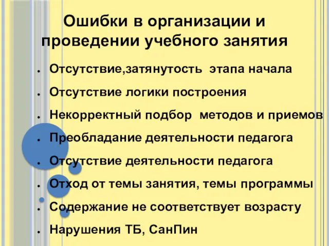 Ошибки в организации и проведении учебного занятия Отсутствие,затянутость этапа начала