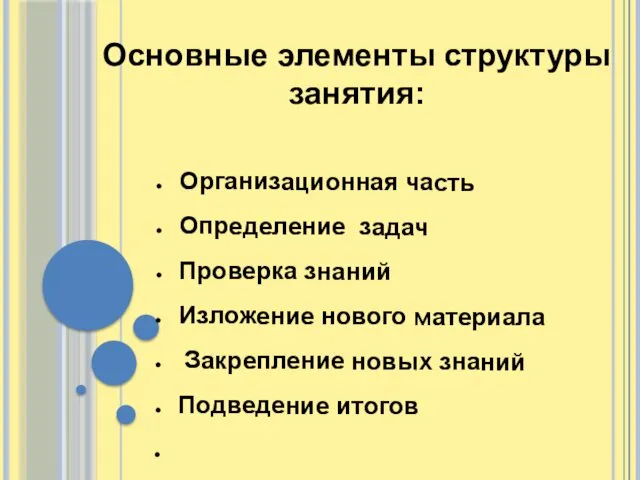 Основные элементы структуры занятия: Организационная часть Определение задач Проверка знаний