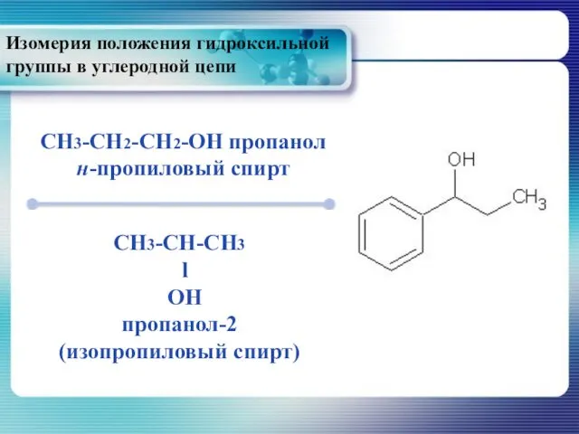 Изомерия положения гидроксильной группы в углеродной цепи CH3-CH2-CH2-OH пропанол н-пропиловый спирт CH3-CH-CH3 l