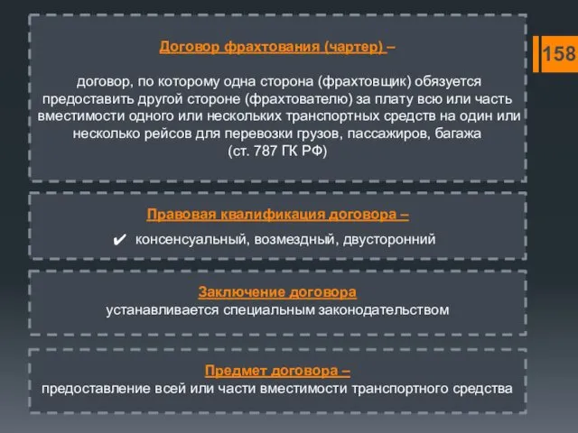 Договор фрахтования (чартер) – договор, по которому одна сторона (фрахтовщик) обязуется предоставить другой