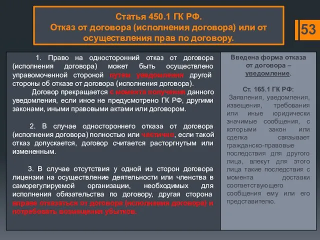 Статья 450.1 ГК РФ. Отказ от договора (исполнения договора) или от осуществления прав по договору. 53