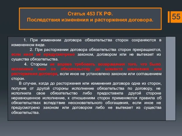 Статья 453 ГК РФ. Последствия изменения и расторжения договора. 55