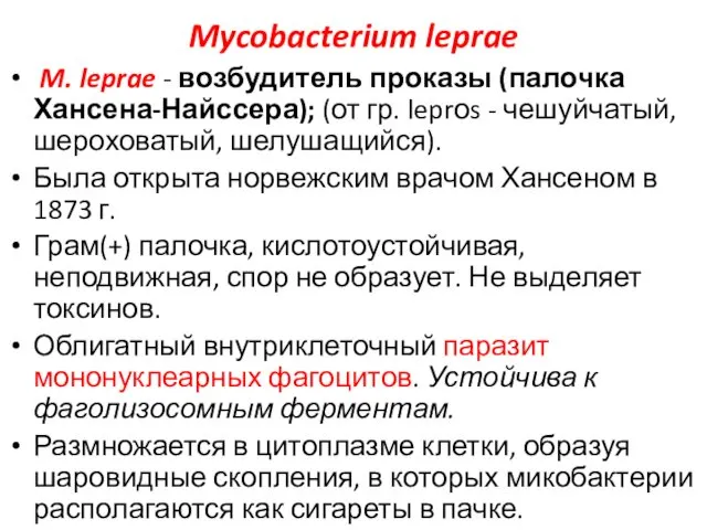 Mycobacterium leprae M. leprae - возбудитель проказы (палочка Хансена-Найссера); (от гр. leprоs -