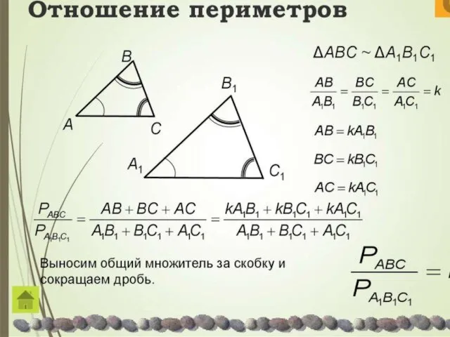 Отношение периметров Выносим общий множитель за скобку и сокращаем дробь.