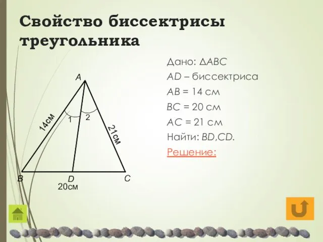 Свойство биссектрисы треугольника Дано: ΔABC AD – биссектриса AB =