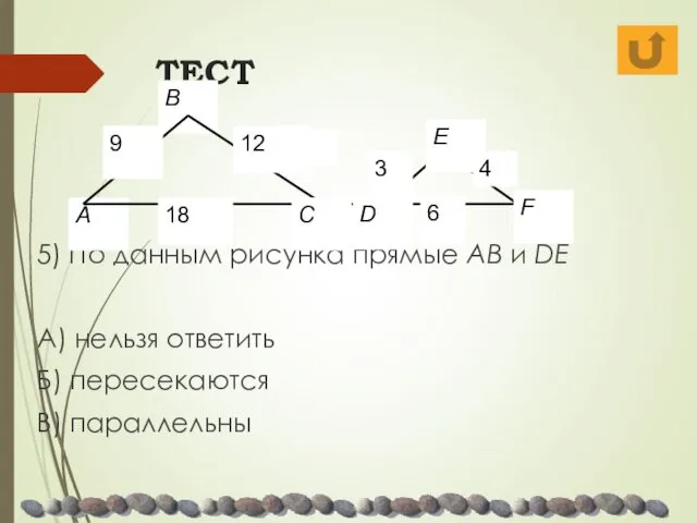 ТЕСТ 5) По данным рисунка прямые AB и DE А) нельзя ответить Б) пересекаются В) параллельны