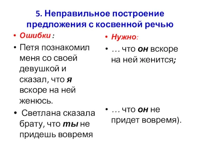 5. Неправильное построение предложения с косвенной речью Ошибки : Петя