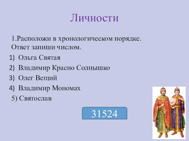 Личности 1.Расположи в хронологическом порядке. Ответ запиши числом. Ольга Святая