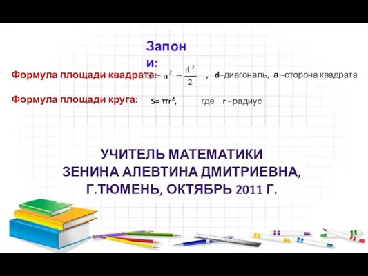 Формула площади квадрата: Формула площади круга: УЧИТЕЛЬ МАТЕМАТИКИ ЗЕНИНА АЛЕВТИНА