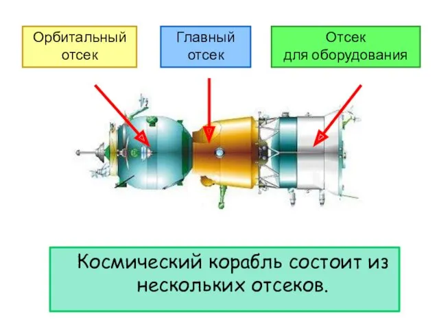 Космический корабль состоит из нескольких отсеков.