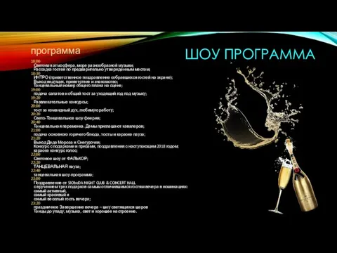 ШОУ ПРОГРАММА программа 18:00 Световая атмосфера, море разнообразной музыки; Рассадка