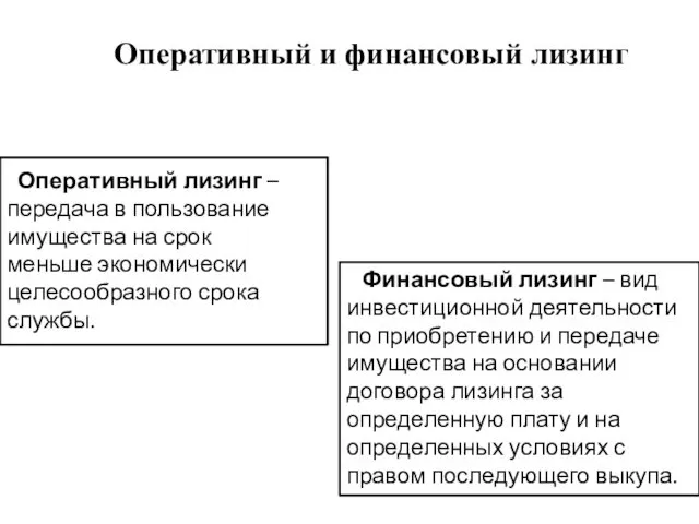 Оперативный лизинг – передача в пользование имущества на срок меньше