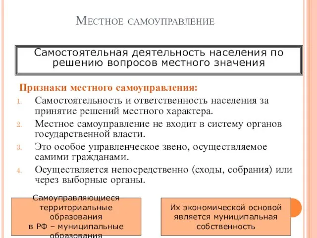 Местное самоуправление Признаки местного самоуправления: Самостоятельность и ответственность населения за