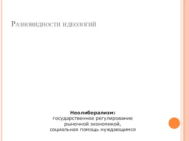 Разновидности идеологий Неолиберализм: государственное регулирование рыночной экономикой, социальная помощь нуждающимся