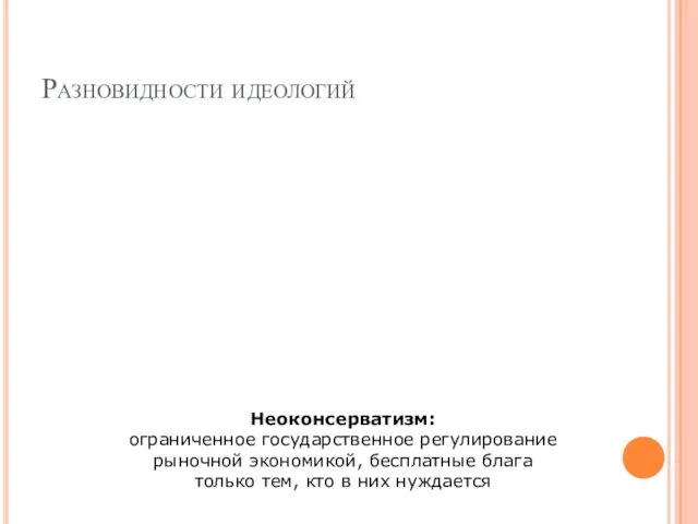 Разновидности идеологий Неоконсерватизм: ограниченное государственное регулирование рыночной экономикой, бесплатные блага только тем, кто в них нуждается