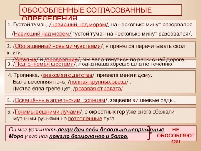 ОБОСОБЛЕННЫЕ СОГЛАСОВАННЫЕ ОПРЕДЕЛЕНИЯ 1. Густой туман, /нависший над морем/, на