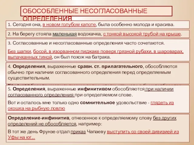 ОБОСОБЛЕННЫЕ НЕСОГЛАСОВАННЫЕ ОПРЕДЕЛЕНИЯ 1. Сегодня она, в новом голубом капоте,