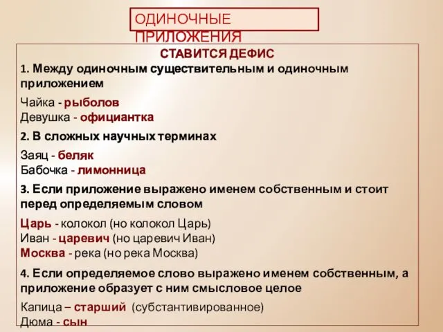 СТАВИТСЯ ДЕФИС 1. Между одиночным существительным и одиночным приложением Чайка