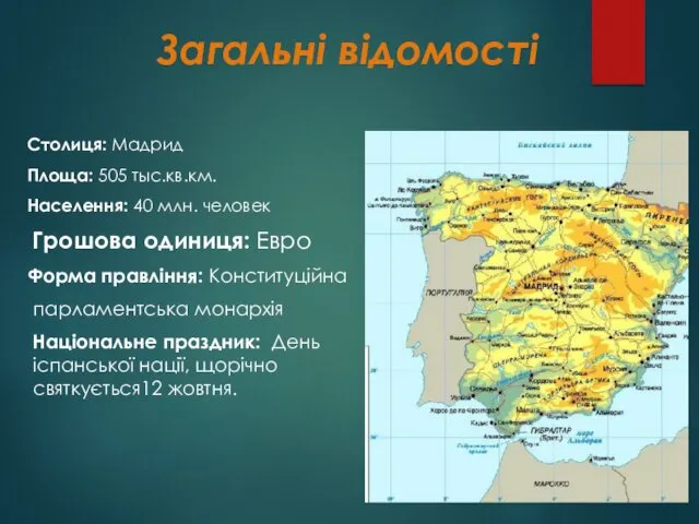 Загальні відомості Столиця: Мадрид Площа: 505 тыс.кв.км. Населення: 40 млн.