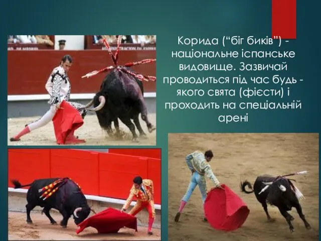 Корида (“біг биків”) - національне іспанське видовище. Зазвичай проводиться під