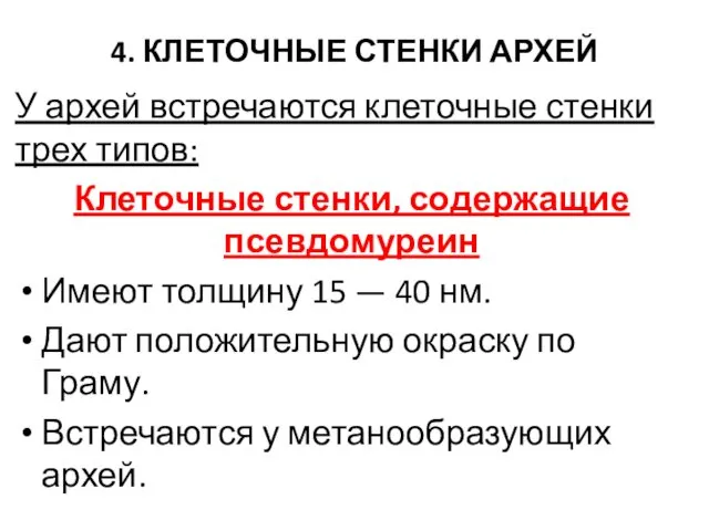 4. КЛЕТОЧНЫЕ СТЕНКИ АРХЕЙ У архей встречаются клеточные стенки трех