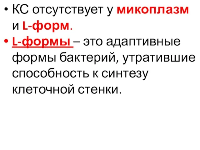 КС отсутствует у микоплазм и L-форм. L-формы – это адаптивные формы бактерий, утратившие