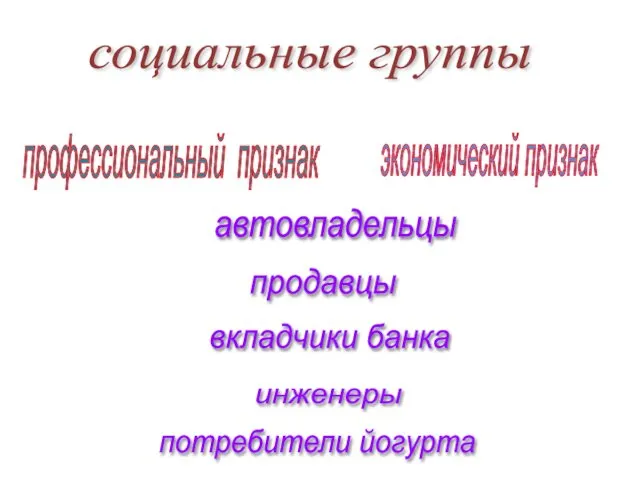 социальные группы профессиональный признак экономический признак автовладельцы продавцы вкладчики банка инженеры потребители йогурта