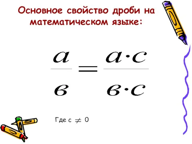 Основное свойство дроби на математическом языке: Где с 0