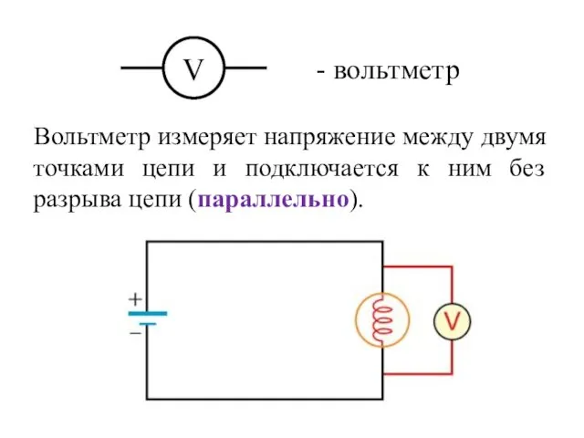 - вольтметр Вольтметр измеряет напряжение между двумя точками цепи и