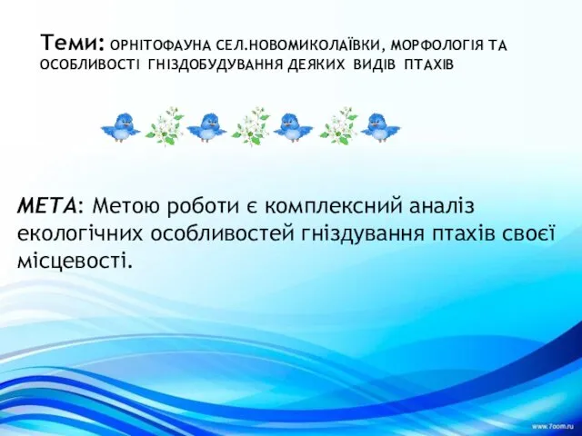 Теми: ОРНІТОФАУНА СЕЛ.НОВОМИКОЛАЇВКИ, МОРФОЛОГІЯ ТА ОСОБЛИВОСТІ ГНІЗДОБУДУВАННЯ ДЕЯКИХ ВИДІВ ПТАХІВ