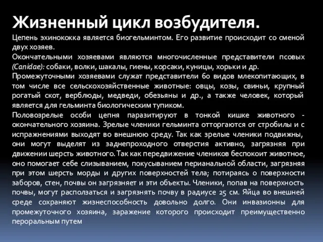 Жизненный цикл возбудителя. Цепень эхинококка является биогельминтом. Его развитие происходит