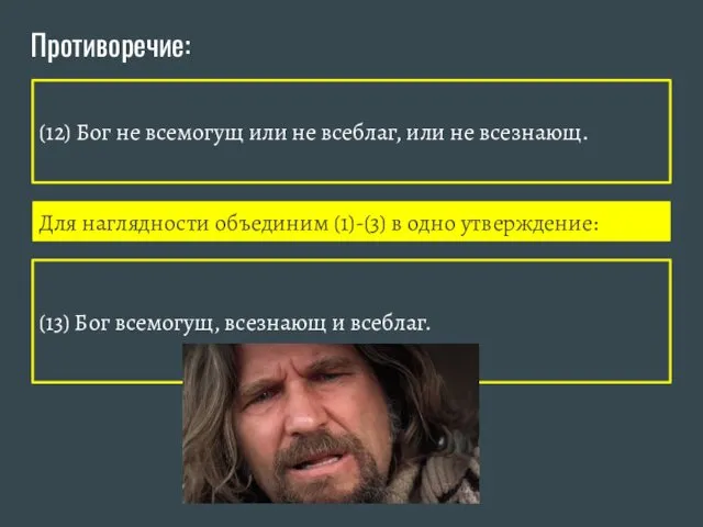 Противоречие: Для наглядности объединим (1)-(3) в одно утверждение: (13) Бог