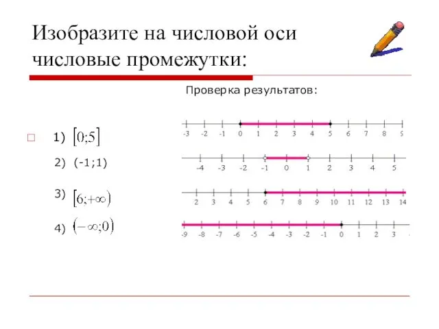 Изобразите на числовой оси числовые промежутки: 1) 2) (-1;1) 3) 4) Проверка результатов: