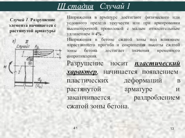 Случай 1. Разрушение элемента начинается с растянутой арматуры III стадия