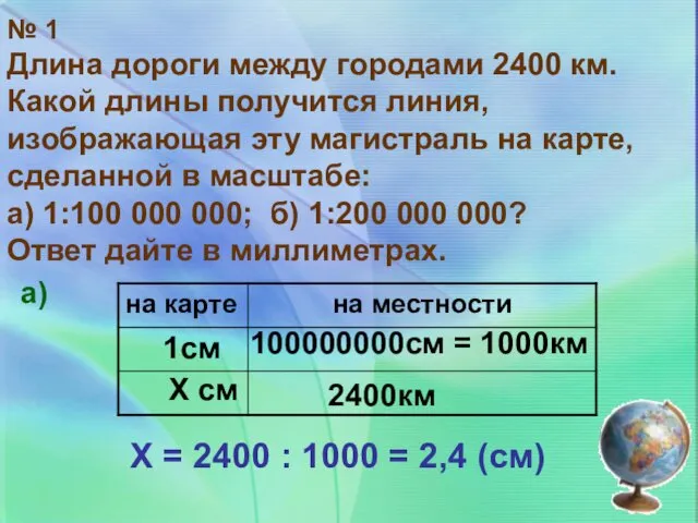 № 1 Длина дороги между городами 2400 км. Какой длины