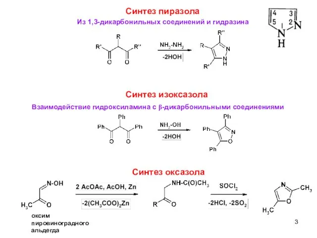 6 Синтез пиразола Из 1,3-дикарбонильных соединений и гидразина Синтез изоксазола