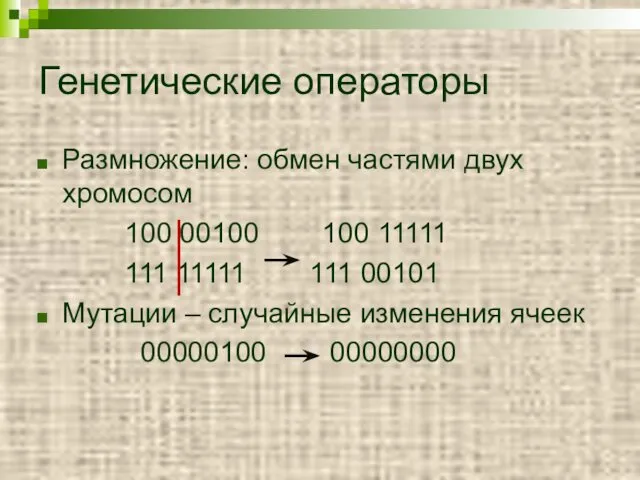 Генетические операторы Размножение: обмен частями двух хромосом 100 00100 100