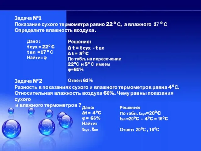 Задача №1 Показание сухого термометра равно 22 ⁰ С, а