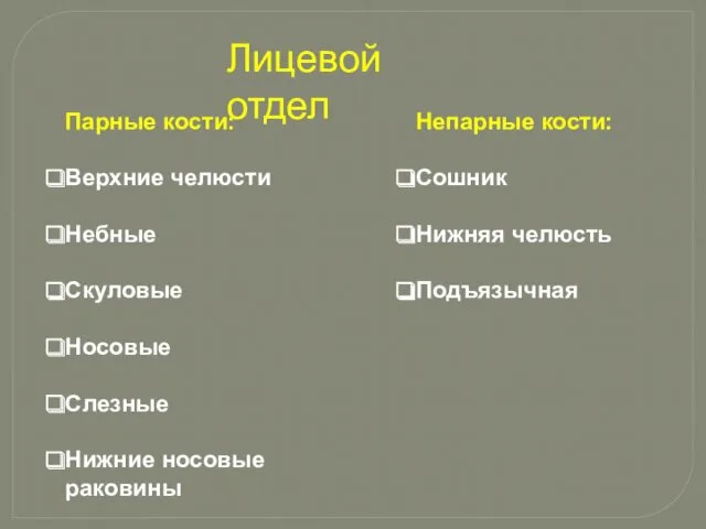 Лицевой отдел Непарные кости: Сошник Нижняя челюсть Подъязычная Парные кости: