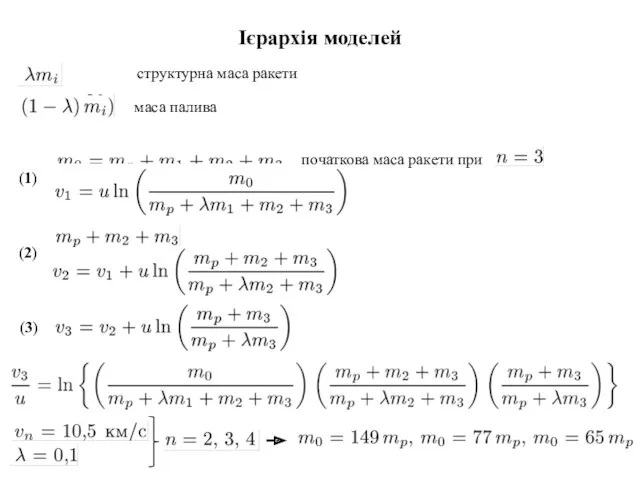 Ієрархія моделей структурна маса ракети маса палива початкова маса ракети при (1) (2) (3)