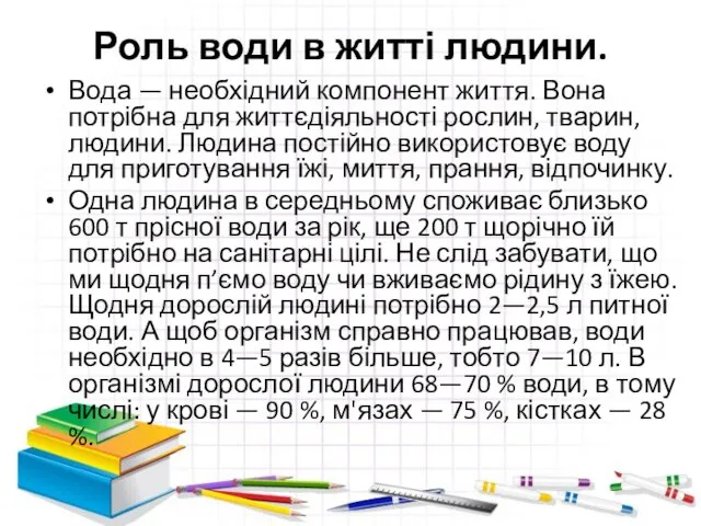 Роль води в житті людини. Вода — необхідний компонент життя.