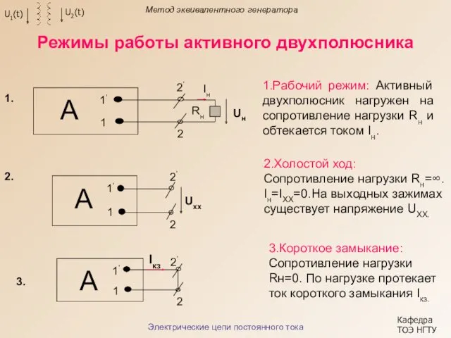 Режимы работы активного двухполюсника Метод эквивалентного генератора