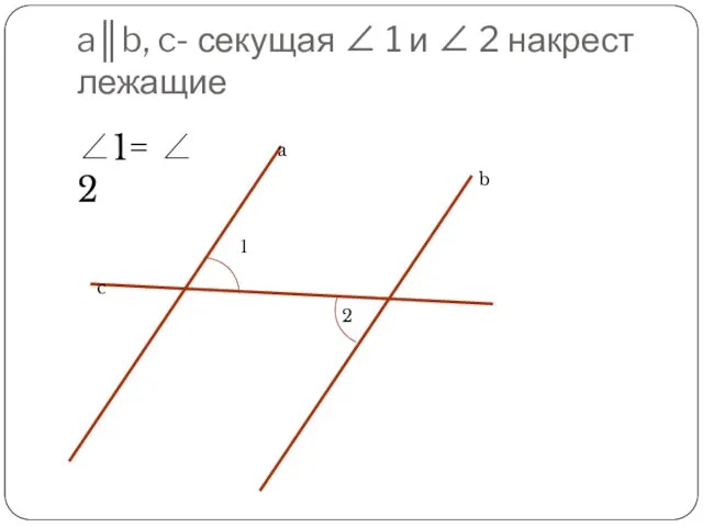 a║b, c- секущая ∠ 1 и ∠ 2 накрест лежащие ∠1= ∠ 2 2