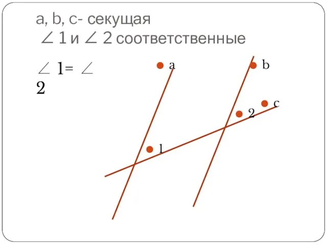 a, b, c- секущая ∠ 1 и ∠ 2 соответственные ∠ 1= ∠ 2