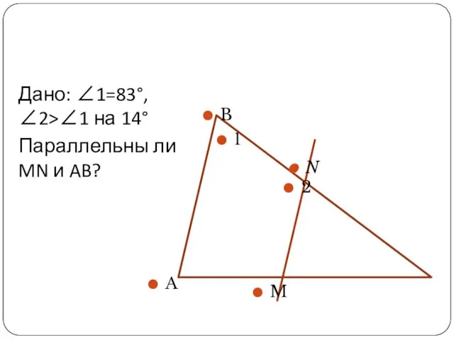 Дано: ∠1=83°, ∠2>∠1 на 14° Параллельны ли MN и AB?