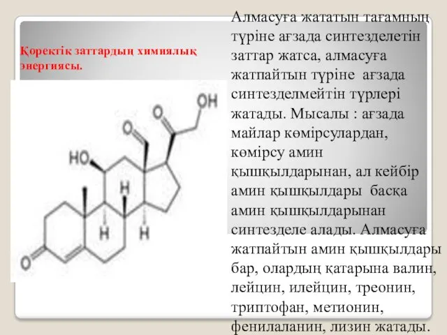 Алмасуға жататын тағамның түріне ағзада синтезделетін заттар жатса, алмасуға жатпайтын