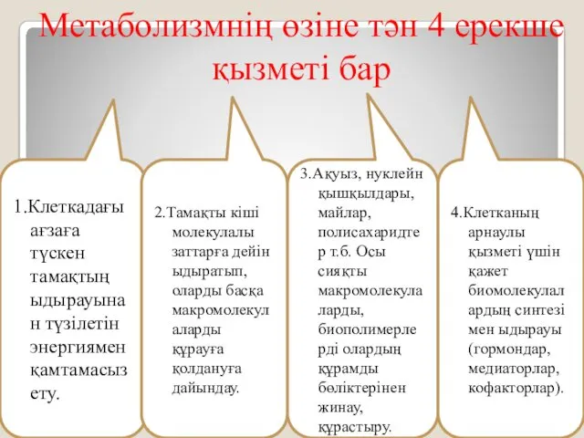 1.Клеткадағы ағзаға түскен тамақтың ыдырауынан түзілетін энергиямен қамтамасыз ету. 2.Тамақты