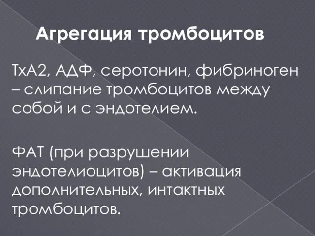 Агрегация тромбоцитов ТхА2, АДФ, серотонин, фибриноген – слипание тромбоцитов между